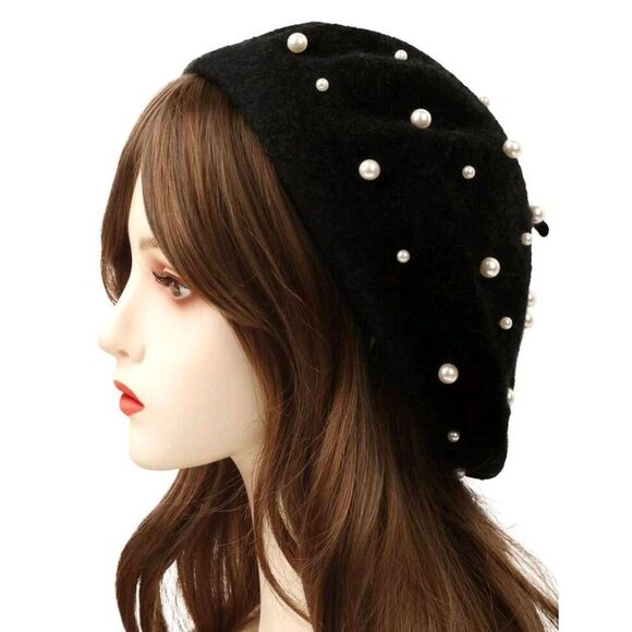 2/$21 Ladies Black Pearl French Beret Beanie Hat - Female Winter Hat - Picture 1 of 4